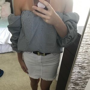 Gingham Off the Shoulder Top w/ Puffy Sleeps